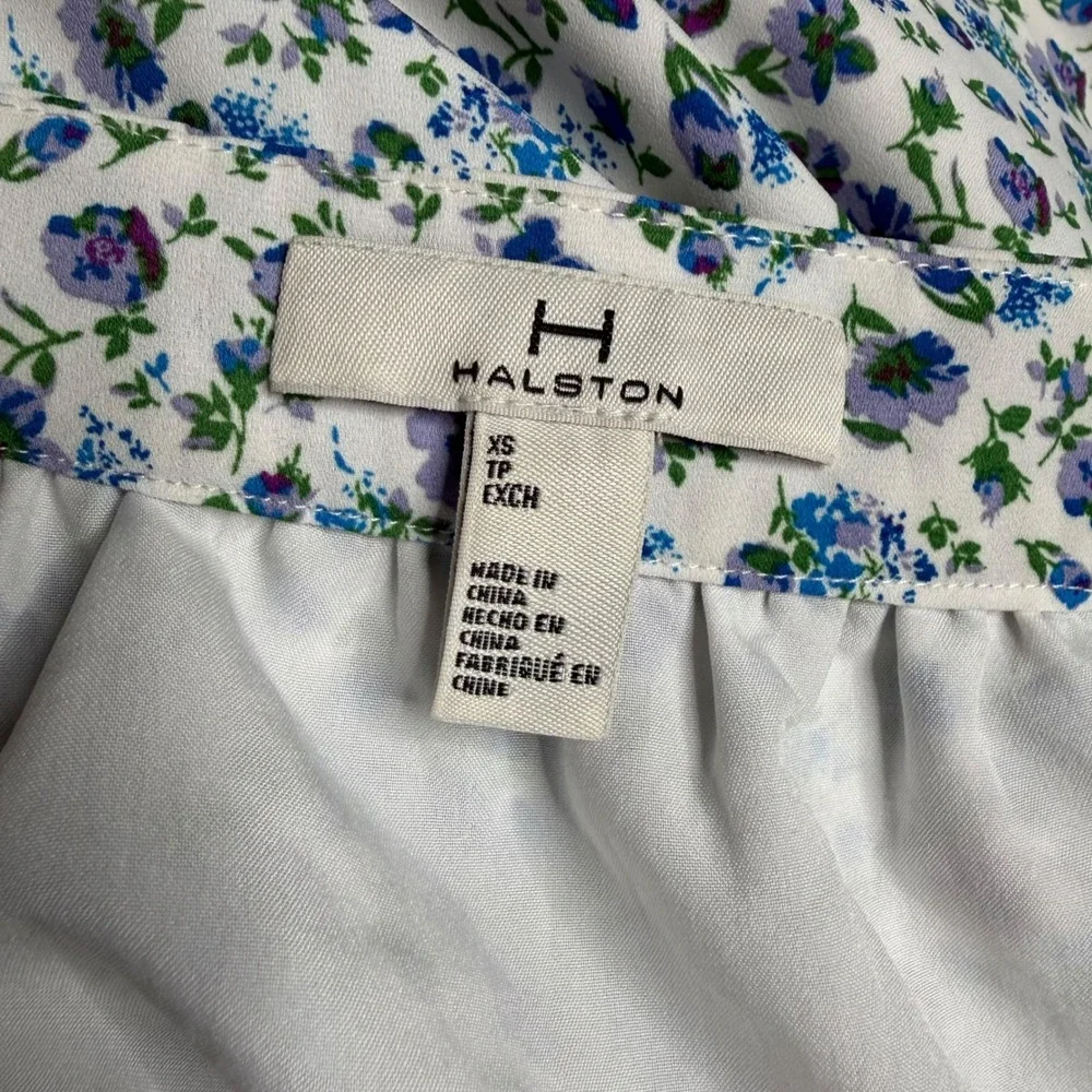 H HALSTON Floral Midi Skirt White Blue Ditsy Print Ruffle Women's Size XS Preppy